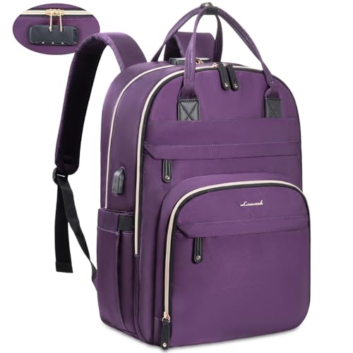 LOVEVOOK Laptop Backpack for Women, Large Capacity Travel Anti-Theft Bag Business Work Computer Backpacks Purse College Backpack, Casual Hiking Daypack with Lock, 15.6 Inch, Dark Purple