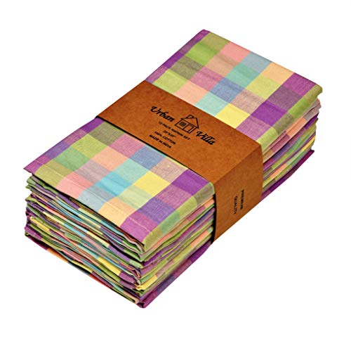 Urban Villa Dinner Napkins Set of 12 Easter Color/ Buffalo Checks 100% Cotton Over Sized 20”x20” Inches Cloth Napkins Hotel Quality