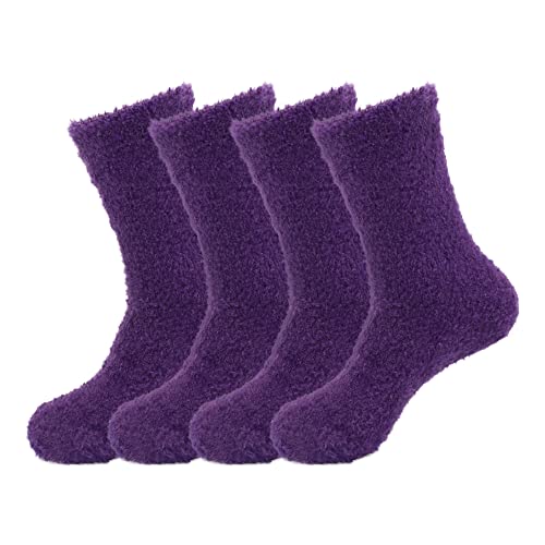 BambooMN Women's Super Soft and Cozy Feather Light Fuzzy Home Socks - Pirate Purple - 4 Pair Value Pack - Size 10-13