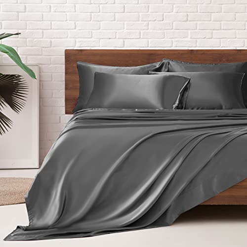 MR&HM Satin Bed Sheets, Queen Size Sheets Set, 6 Pcs Silky Bedding Set with 15 Inches Deep Pocket for Mattress(Queen, Dark Grey)