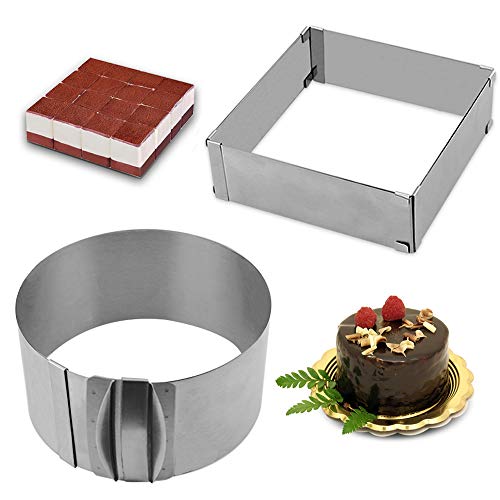 Gutsdoor Adjustable Cake Mold Ring 6-12 Inch Mousse Ring Stainless Steel Cake Mold Set 2-piece Baking Tool (Square+Round)