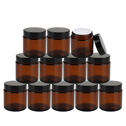 Encheng 25Pack of 4 oz Amber Round Glass Jars, with Inner Liners and black Lids,Empty Cosmetic Containers,Cream jars