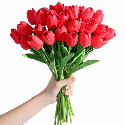 SITUMEIZI 15pcs Red Fake Tulips Artificial Flowers Real Touch Red 14' Silk Flower for Home Kitchen Decor Mother's Day Spring Easter Wedding Bouquet Decorations Office Floral Arrangements