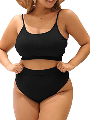 Romwe Women's Plus 2 Piece Ribbed High Waist Bikini Sets Basic Swimsuits Solid Bathing Suits Swimwear Black 1XL