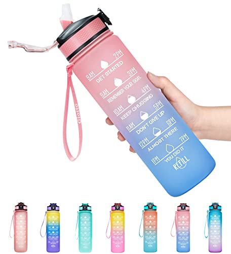 Giotto 32oz Large Leakproof BPA Free Drinking Water Bottle with Time Marker & Straw to Ensure You Drink Enough Water Throughout The Day for Fitness and Outdoor Enthusiasts-Ombre Pink Blue