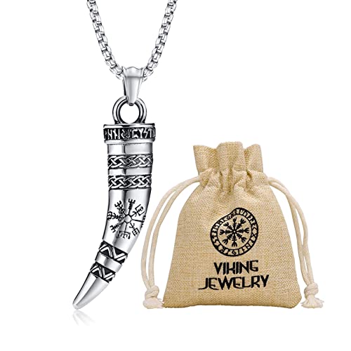 MEALGUET Viking Necklace for Men : Stainless Steel Solid Cool Norse Celtic Knots Compass Viking Horn Pendant Necklace, Amulet Jewelry with Viking Gift Bag for Men, 24 Inches Chain,Silver
