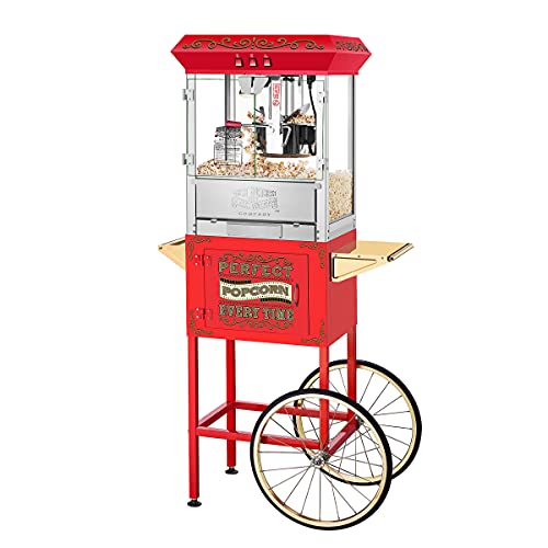 Great Northern Popcorn Perfect Popper Popcorn Machine with Cart and Stainless-Steel Kettle, Warming Light, and Accessories, 10oz, Red