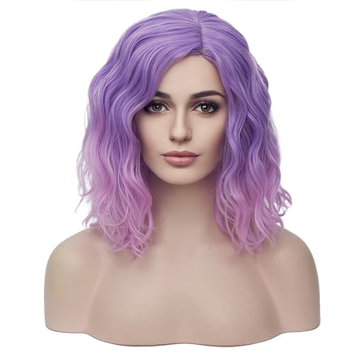 BERON 14' Women Girls Short Curly Bob Wavy Ombre Pink Wig Body Wave Daily Hair Wigs (Light Purple to Pink)