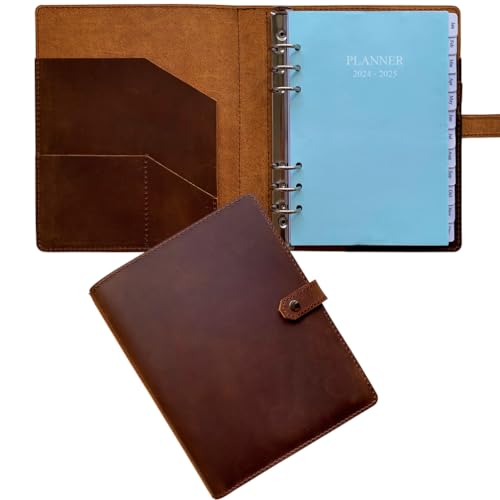 2024-2025 Leather Planner - A5 Genuine Leather Binder Planner with Weekly & Monthly Pages for Men and Women, Inner Pockets and Pen Holder, Refillable