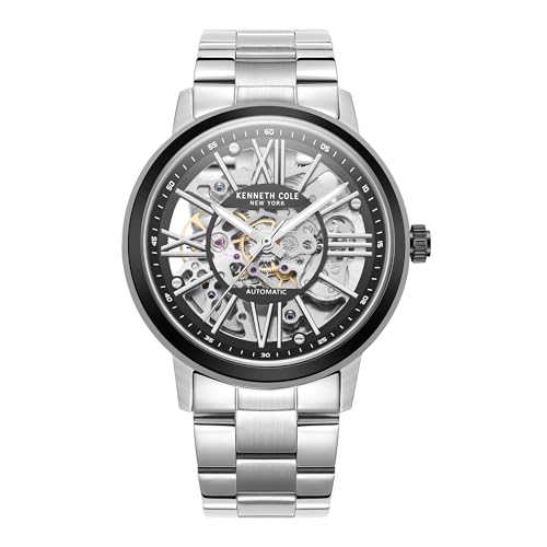 Kenneth Cole Men's Watch - Luxury Watch for Men, Stainless Steel Watch, Matte Silver Transparency Skeleton Dial, Automatic Self-Winding, Water-Resistant, Roman Numerals, Analog Watch for Men