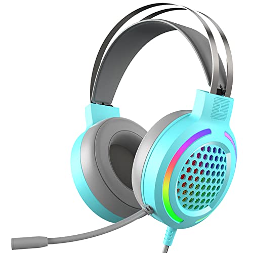 Gaming Headset with 7.1 Surround Sound,PC Lightweight Headset with Noise Canceling Mic,Bass Surround,Soft Memory Earmuffs,Rainbow LED Backlit for PC,PS4,Xbox One Controller(Adapter Not Included)(Blue)