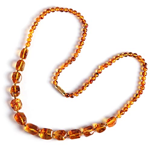 Natural Baltic Amber necklace for Adults Women or Men/Baroque Shape Polished Amber Beads Certified Amber Jewelry/Handmade Gemstone necklace Brownish yellow/Dark Red Color (Brownish yellow)