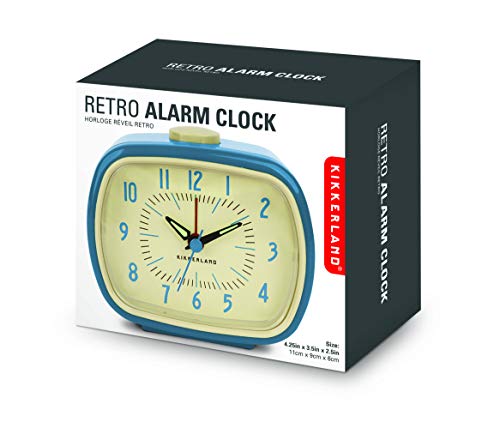 Kikkerland Battery Operated Retro Vintage Alarm Clock, Desktop Nightstand Bedside Office Alarm Clock, Beeping Alarm, Glow in Dark Hands, Blue