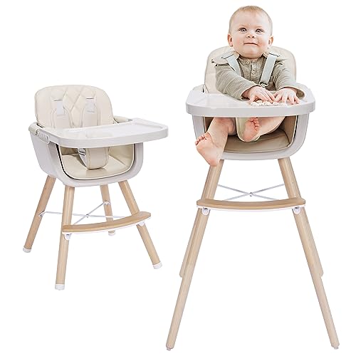 Mallify 3-in-1 Convertible Wooden High Chair,Baby High Chair with Adjustable Legs & Dishwasher Safe Tray, Made of Sleek Hardwood & Premium Leatherette, Cream Color