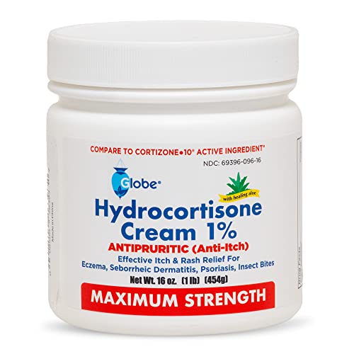 Globe Hydrocortisone Maximum Strength Cream 1% w/Aloe, 16 oz, Anti-Itch Cream for Redness, Swelling, Itching, Rash & Dermatitis, Bug/Mosquito Bites, Eczema, Hemorrhoids & More, 16 oz Jar
