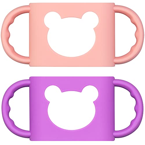 Baby Bottle Handles, Durable Food Grade Silicone Transitional Sippy Cup Handle Grip for Wide-Neck Baby Bottles, Cute Bear Design, Pack of 2, Pink & Purple