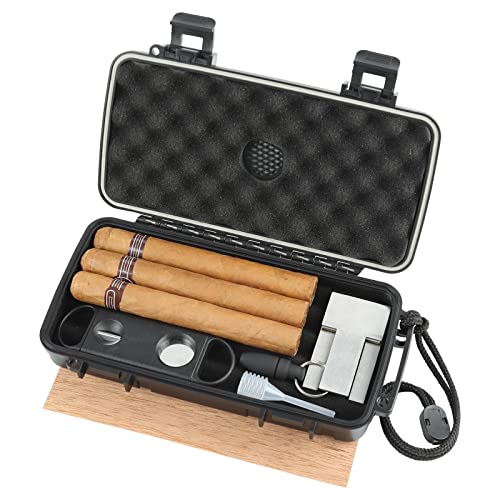 Travel Humidor Box With Cigar Accessories - Spanish Cedar, Humidifier, Cutter, Stand, Punch - Holds 4-5 Cigars - Waterproof, Crushproof, Airtight Seal