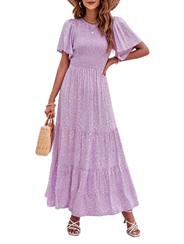 ZESICA Women's 2024 Summer Casual Floral Print Short Flutter Sleeve Crew Neck Smocked High Waist Flowy Maxi Dress,Purple,Small