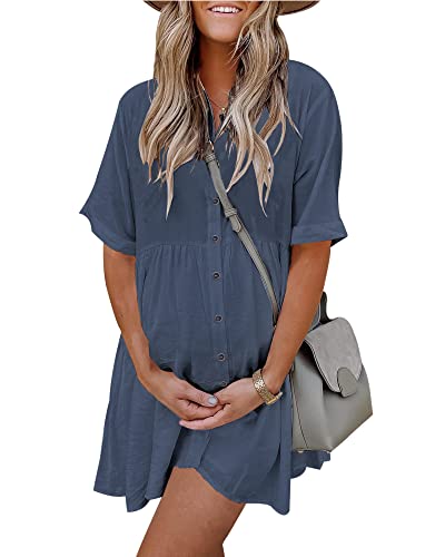 PYGFEMR Women's Short Sleeve Babydoll Dress Button Down Dresses with Pockets Gray Blue L