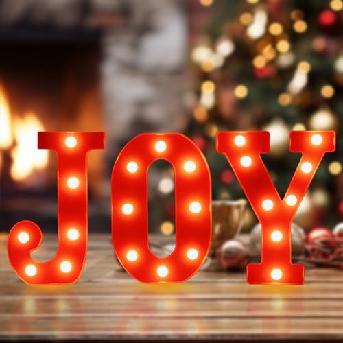 Christmas Decorations Indoor, Marquee Light Up Letters Joy LED Letter Lights Sign, Battery Powered Christmas Table Decorations for Mantle Home Bedroom Tabletop Fireplace Wall Xmas Decor(3 Pcs, Red)