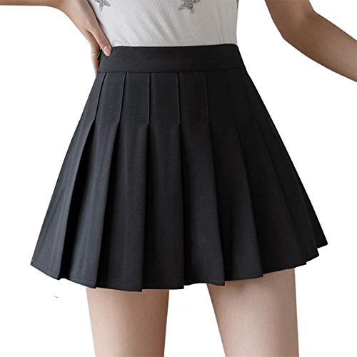 Girls Women High Waisted Pleated Skirt Plain Plaid A-line Mini Skirt Skater Tennis School Uniform Skirts Lining Shorts Black