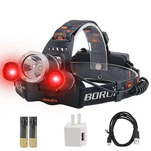 BORUIT RJ-3000 LED Rechargeable Headlamp,3 Modes White and Red LED Hunting Headlamps,5000 Lumens Tactical Flashlight Red Light Head Lamp for Running Camping Hiking Fishing