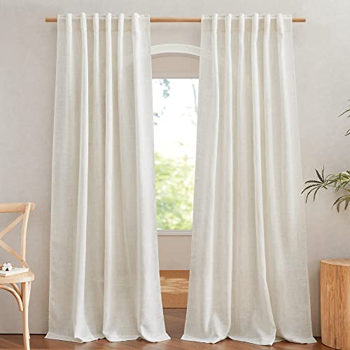 NICETOWN Flax Linen Curtains 84 inch Long, Rod Pocket & Back Tab Semi Sheer Vertical Drapes Privacy Added with Light Filtering for Bedroom/Living Room, Burlap, W52 x L84, 2 Pieces