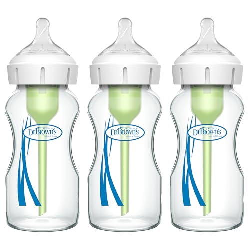 Dr. Brown's Natural Flow Anti-Colic Options+ Wide-Neck Glass Baby Bottles 9 oz/270 mL, with Level 1 Slow Flow Nipple, 3 Pack, 0m+