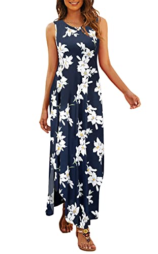 Hount Women's Casual Summer Sleeveless Dress Loose Split Maxi Dresses with Pockets (F-Navy White, Large)