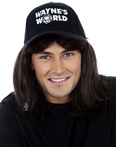 ALLAURA Wayne Wig with Wayne's Cap World Hat | Compatible with Wayne's World Wig and Hat | Mullet Costume Wigs For Men 80s Heavy Metal Rocker Wig 1980s Black Mullet Wig —80s Couples Halloween Costumes