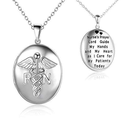 POPKIMI Gifts for Nurse Medical Sterling Silver Nurse Gifts for Women Lockets for Women Caduceus Pendant Necklace RN Nurse Jewelry That Holds Pictures Photo Doctor Nursing Medicine Themed Caduceus RN Registered Nurse Angel Wing Pendant Necklace Gifts for Nurse Doctor Medical Graduation Student Veterinary