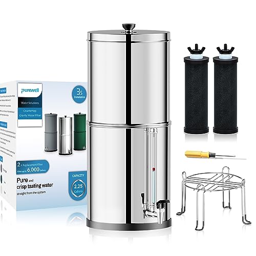 Purewell 3-Stage 0.01μm Ultra-Filtration Gravity Water Filter System, 304 Stainless Steel Countertop System with 2 Filters, Metal Water Level Spigot and Stand, Reduce 99% Chlorine, 2.25G, PW-OB-K