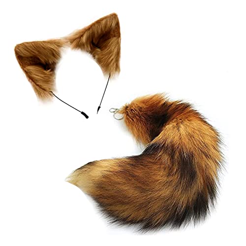 YXCFEWD Fox Ears and Tail Set Fluffy Fox Tail Cosplay Party Costume Fox Tail Keychain Halloween (Yellow ears tail)