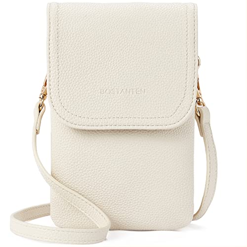 BOSTANTEN Leather Small Crossbody Bags for Women Designer Cell Phone Bag Wallet Purses Adjustable Strap White