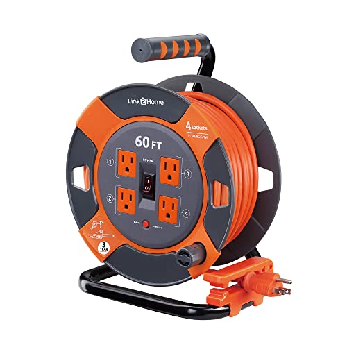 Link2Home Cord Reel 60 ft. Extension Cord 4 Power Outlets – 14 AWG SJTW Cable. Heavy Duty High Visibility Power Cord.
