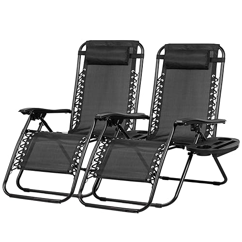 Nazhura Set of 2 Relaxing Recliners Patio Chairs Adjustable Steel Mesh Zero Gravity Lounge Chair Beach Chairs with Pillow and Cup Holder Black
