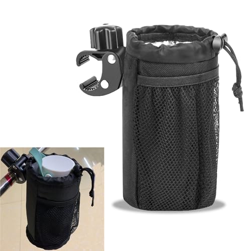 Crynod 1 PC Outdoor Motorcycle Cup Holder Accessories, Waterproof Oxford Fabric Hanging Vehicle Bottle Holder Replacement, 360 Degree Adjustable Storage Bag for ATV Scooter Wheelchair (Black #Clip)