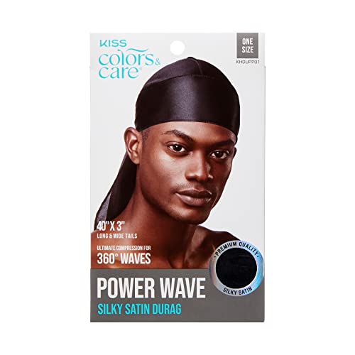 KISS COLORS & CARE Power Wave Silky Satin Durag - Black, Maximum Wave formation, Ultra-Compression, Breathable Premium Fabric, One Size Fits All, Durable & Versatile For All Hair Types