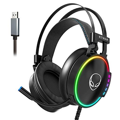 ETWAR EG100 USB Gaming Headset for PC, Computer Headphones with Microphone/Mic Noise Cancelling, Video Gaming Headset USB, RGB Flowing Light - Wired Headphones for PS4, PS5, Laptop, Call Center