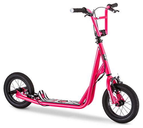 Mongoose Expo Youth Kick Scooter, Front and Rear Caliper Brakes, Rear Axle Pegs, 12-Inch Inflatable Wheels, Pink/Grey