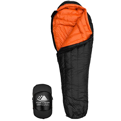 Hyke & Byke Eolus 0°F Cold Weather Mummy Hiking & Backpacking Sleeping Bag - Goose Down 800 FP 4 Season Sleeping Bags for Adults - Ultralight with Compression Stuff Sack (Black/Clementine, Long)