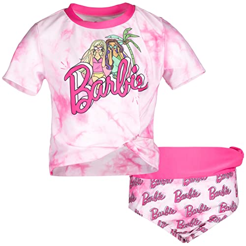 Barbie Little Girls Short Sleeve Rash Guard Swim Shirt & Swim Bottom Pink 7-8