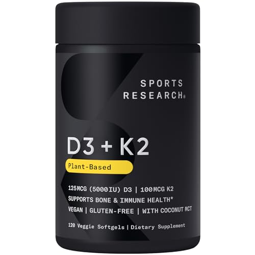 Sports Research Vitamin D3 with K2 Softgels - Plant Based K2 & Vegan D3 5000iu with Coconut MCT Oil - Vegan Certified, Soy & Gluten Free - 120 Count