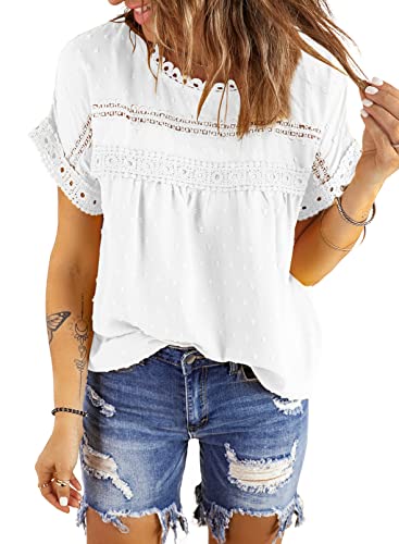 Dokotoo Blouses, Fashion 2024 Summer Crochet Lace Round Neck Short Sleeve Shirts Back Button Down Pom Pom Boho Casual Solid Chiffon Blouse Womens Tops White Large