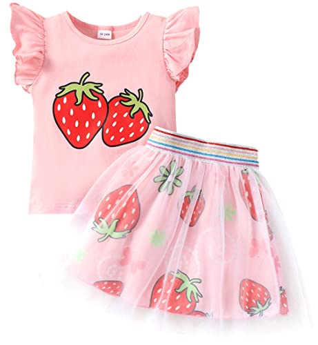 RETSUGO Girls Skirt and Top Set Flutter Sleeve Strawberry Shirt Tulle Skirts Set Kids Tutu Dress Toddler 2PC Fruit Print School Outfits 7-8 Yeras