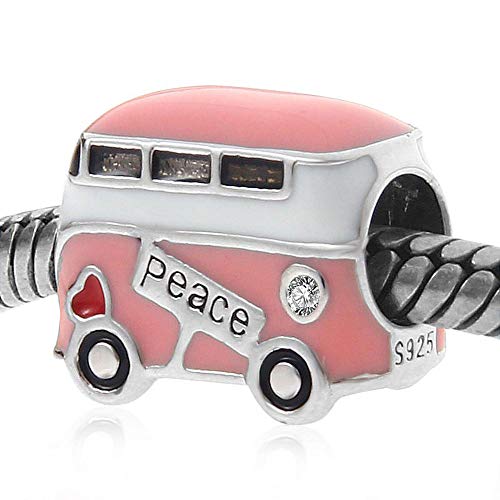 Pink Peace Bus Charms, 925 Sterling Silver with Enamel, Mini Beads fits Pandora Women Bracelets, Gifts for Travel/Mothers Day/Christmas