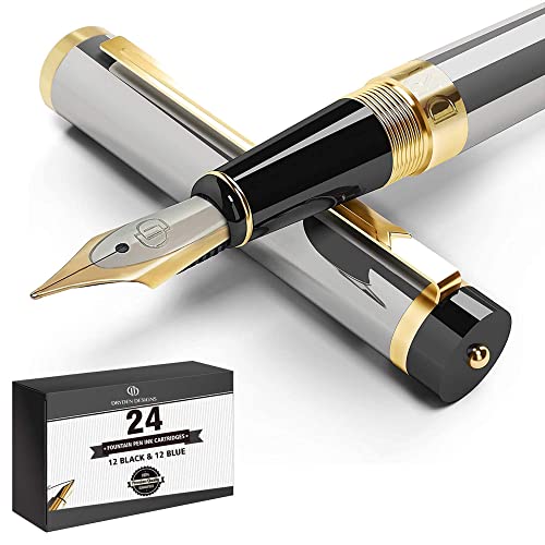 Dryden Designs Fountain Pen Medium Nib | Includes 24 Ink Cartridges - 12 Black,12 Blue and Ink Refill Converter | Consistent Writing, Smooth Flow for Left and Right Handed- Metallic Silver.