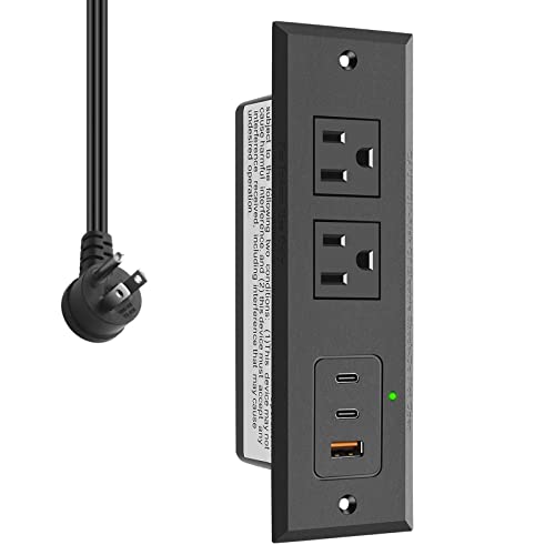 CCCEI Recessed Power Strip with Two USB-C Ports, Fast Charging USB A Port Desk Outlet, Black Furniture Hidden Charging Station for Side Table, End Table, with 6 FT 45 Degree Flat Plug Extension Cord.