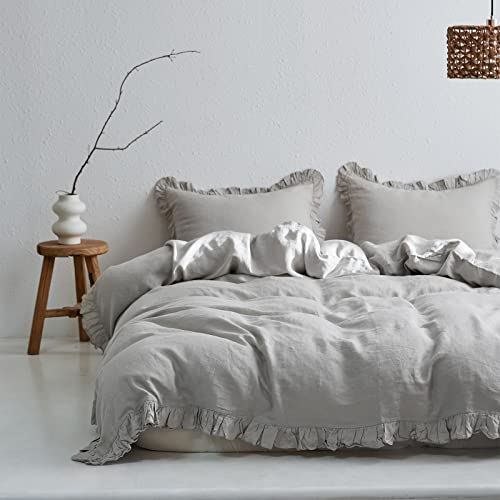 Simple&Opulence 100% Linen Duvet Cover Set-3 Pieces Premium Ruffled Farmhouse Bedding 1 Comforter Cover and 1 Pillow sham France Flax High End Frill Sets Vintage Chic Style(Twin,Light Grey)