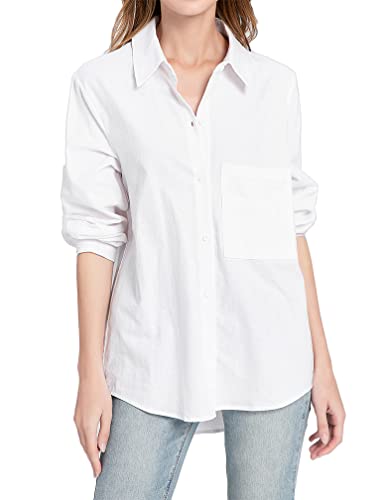 Minibee Women's Casual Cotton Linen Blouse Plus Size High Low Shirt Long Sleeve Tops White